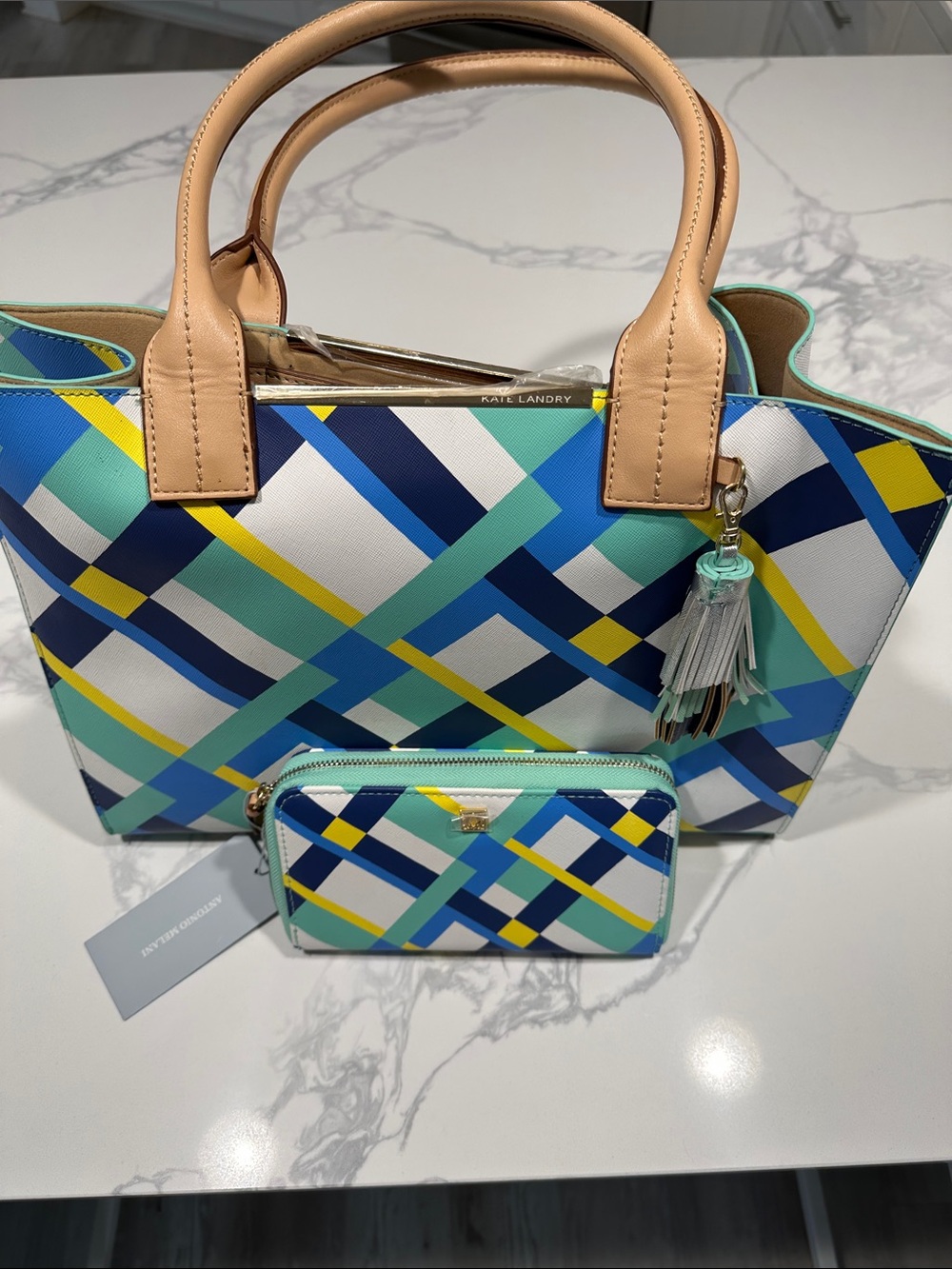 Kate Landry Teal, Blue & Yellow Plaid Tote with Matching Wallet